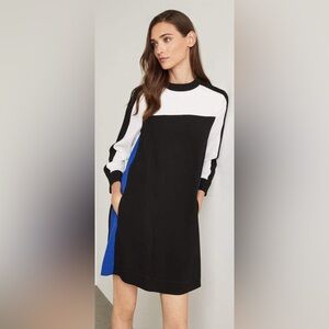 BCBGMaxAzria Black and White Dress with Blue Accents.
